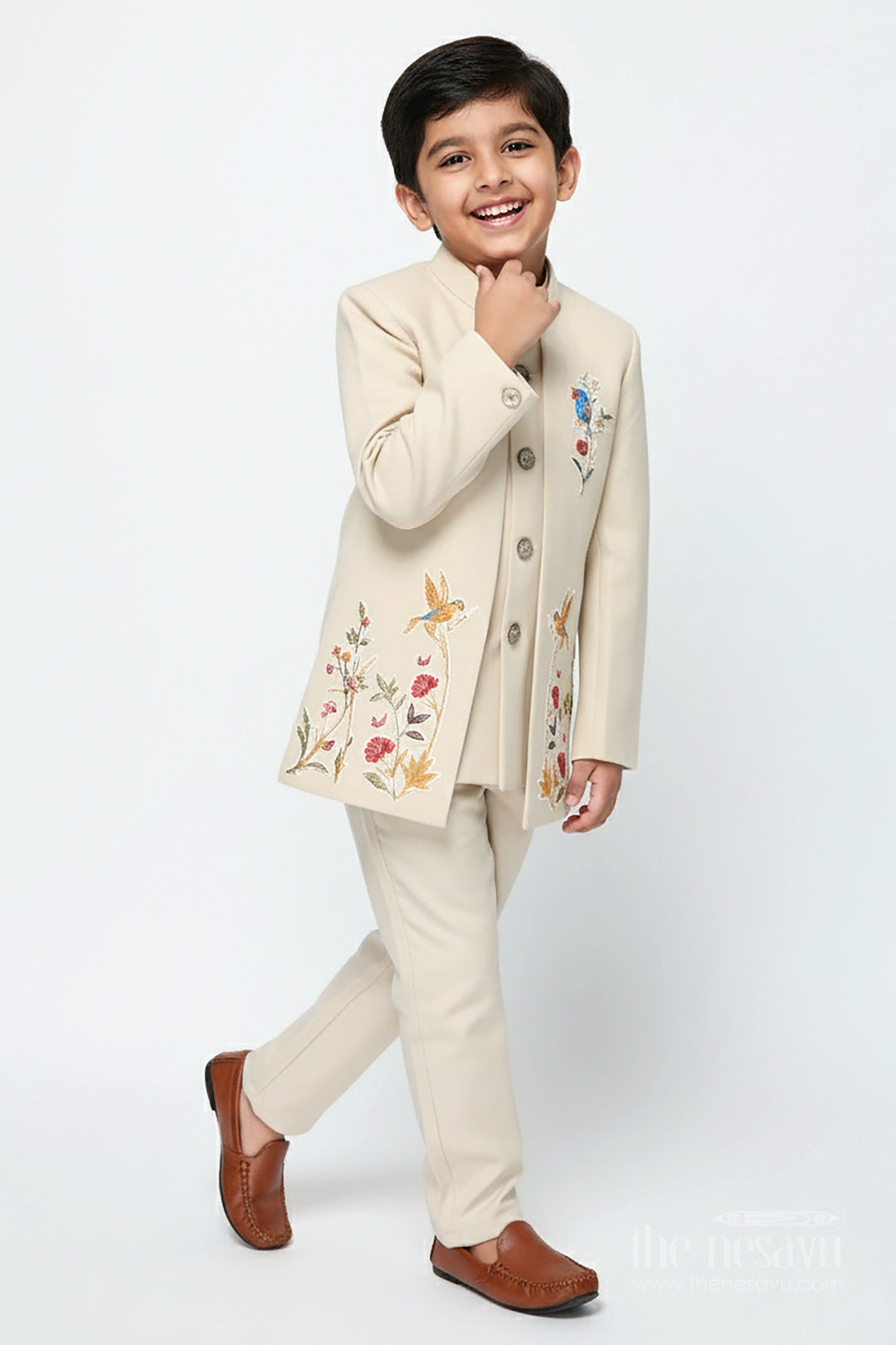 The Nesavu Boys Jacket Sets Boys formal Jacket Set for Weddings and Festive Occasions Nesavu 22 (4Y) / Beige BES913A-22 Nesavu boys blazer jacket set terry rayon weddings formal festive wear