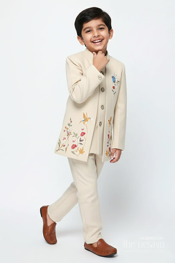 The Nesavu Boys Jacket Sets Boys formal Jacket Set for Weddings and Festive Occasions Nesavu 22 (4Y) / Beige BES913A-22 Nesavu boys blazer jacket set terry rayon weddings formal festive wear