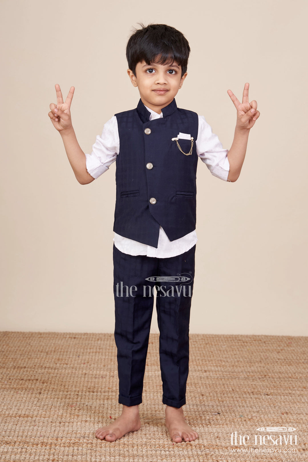 The Nesavu Boys Kurtha Set Boys Formal Kurta Set with Elegant Cotton Jacket for Weddings and Receptions Nesavu 16 (1Y) / Blue BES907A-16 Nesavu boys formal kurta set cotton Nehru jacket chain detail weddings