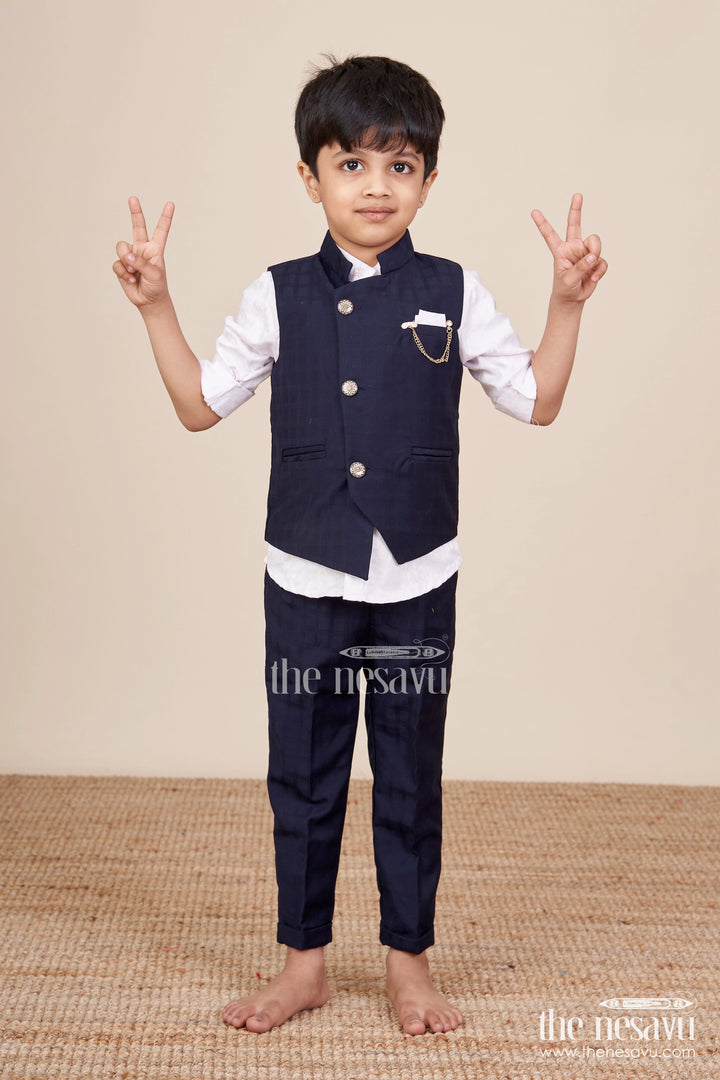 The Nesavu Boys Kurtha Set Boys Formal Kurta Set with Elegant Cotton Jacket for Weddings and Receptions Nesavu 16 (1Y) / Blue BES907A-16 Nesavu boys formal kurta set cotton Nehru jacket chain detail weddings