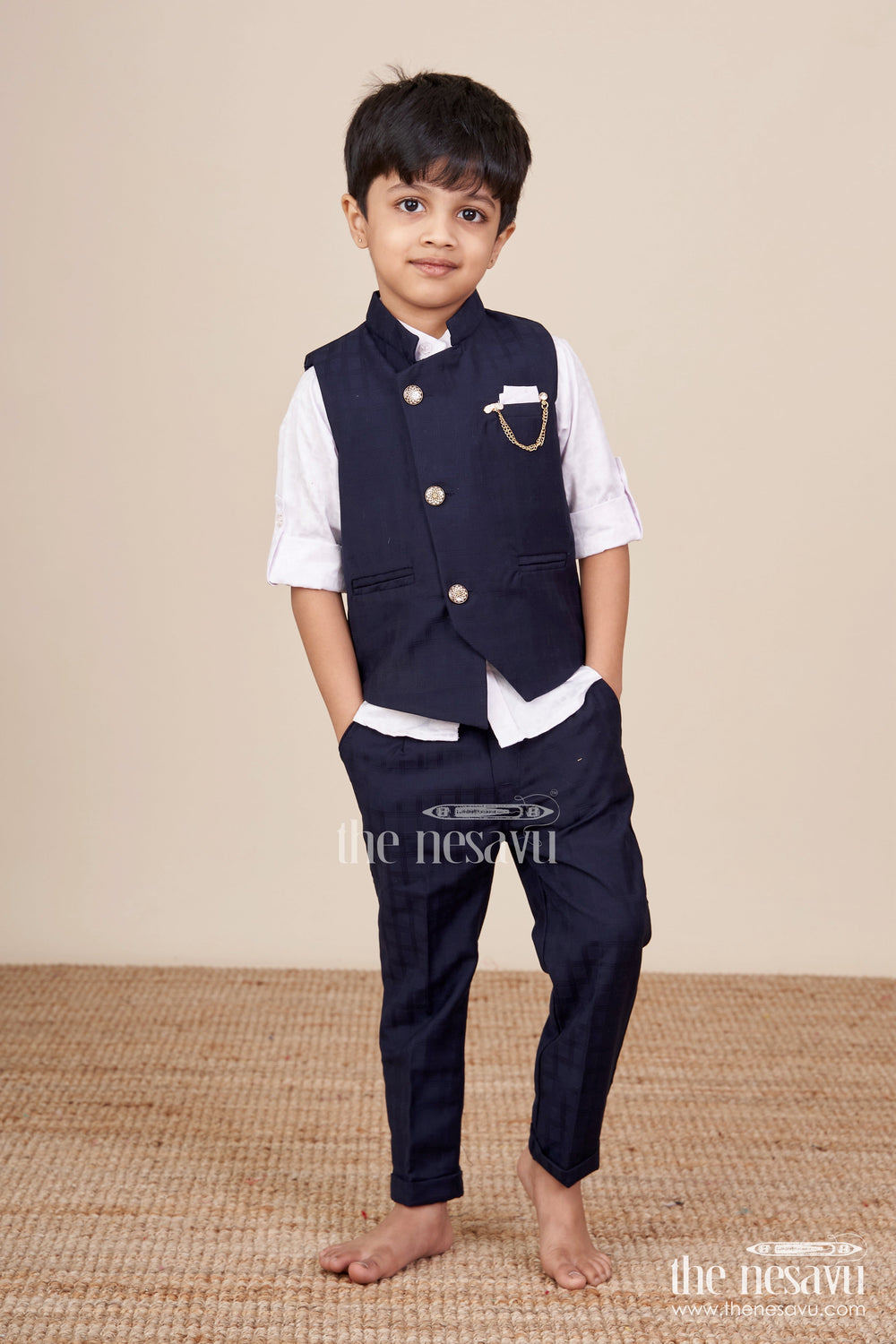 The Nesavu Boys Kurtha Set Boys Formal Kurta Set with Elegant Cotton Jacket for Weddings and Receptions Nesavu Nesavu boys formal kurta set cotton Nehru jacket chain detail weddings