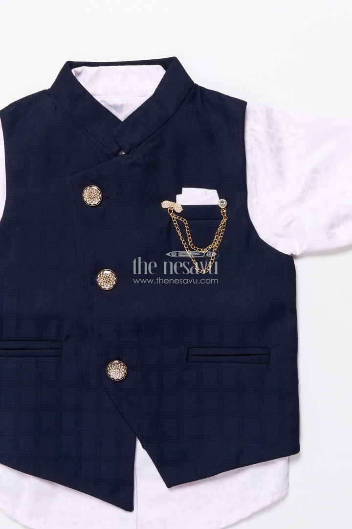 The Nesavu Boys Kurtha Set Boys Formal Kurta Set with Elegant Cotton Jacket for Weddings and Receptions Nesavu Nesavu boys formal kurta set cotton Nehru jacket chain detail weddings