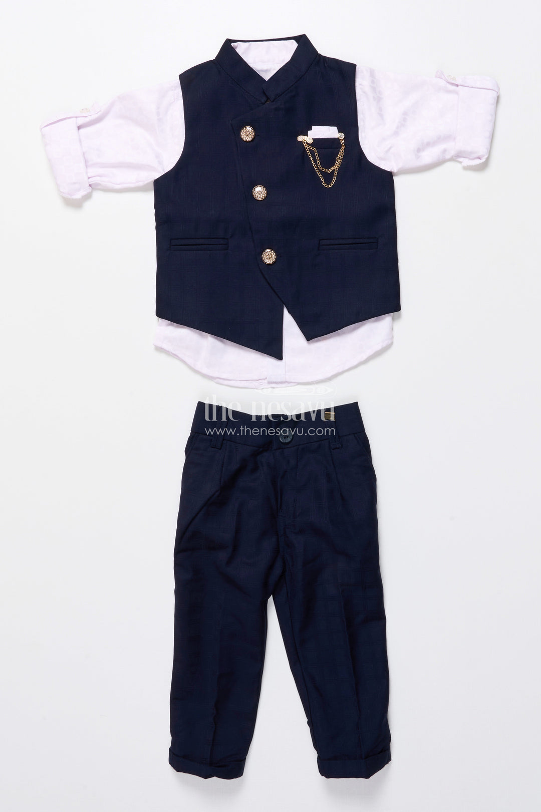 The Nesavu Boys Kurtha Set Boys Formal Kurta Set with Elegant Cotton Jacket for Weddings and Receptions Nesavu Nesavu boys formal kurta set cotton Nehru jacket chain detail weddings