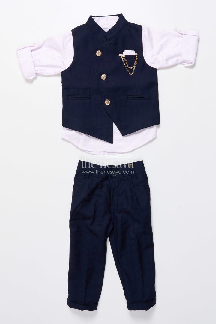 The Nesavu Boys Kurtha Set Boys Formal Kurta Set with Elegant Cotton Jacket for Weddings and Receptions Nesavu Nesavu boys formal kurta set cotton Nehru jacket chain detail weddings