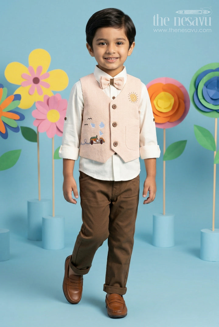 The Nesavu Boys Casual Set Boys Formal Outfit Set for Celebrations and Special Occasions Nesavu 16 (1Y) / Orange / Cotton BCS594A-16 Nesavu Boys Formal Outfit Set With Vest And Bow Tie For Celebrations And Special Occasions In Soft Cotton Comfort