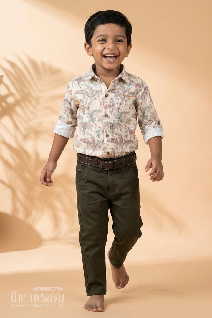 The Nesavu Boys Casual Set Boys Full-Sleeve Botanical Print Shirt and Black Pants Set with a Classic Casual Fit Nesavu 16 (1Y) / White BCS171A-16 Nesavu Boys Full-Sleeve Botanical Print Shirt Black Pants Set Casual Festive Occasions