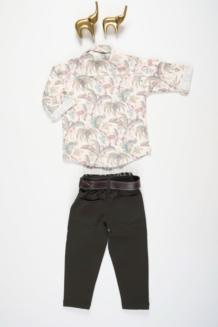 The Nesavu Boys Casual Set Boys Full-Sleeve Botanical Print Shirt and Black Pants Set with a Classic Casual Fit Nesavu Nesavu Boys Full-Sleeve Botanical Print Shirt Black Pants Set Casual Festive Occasions