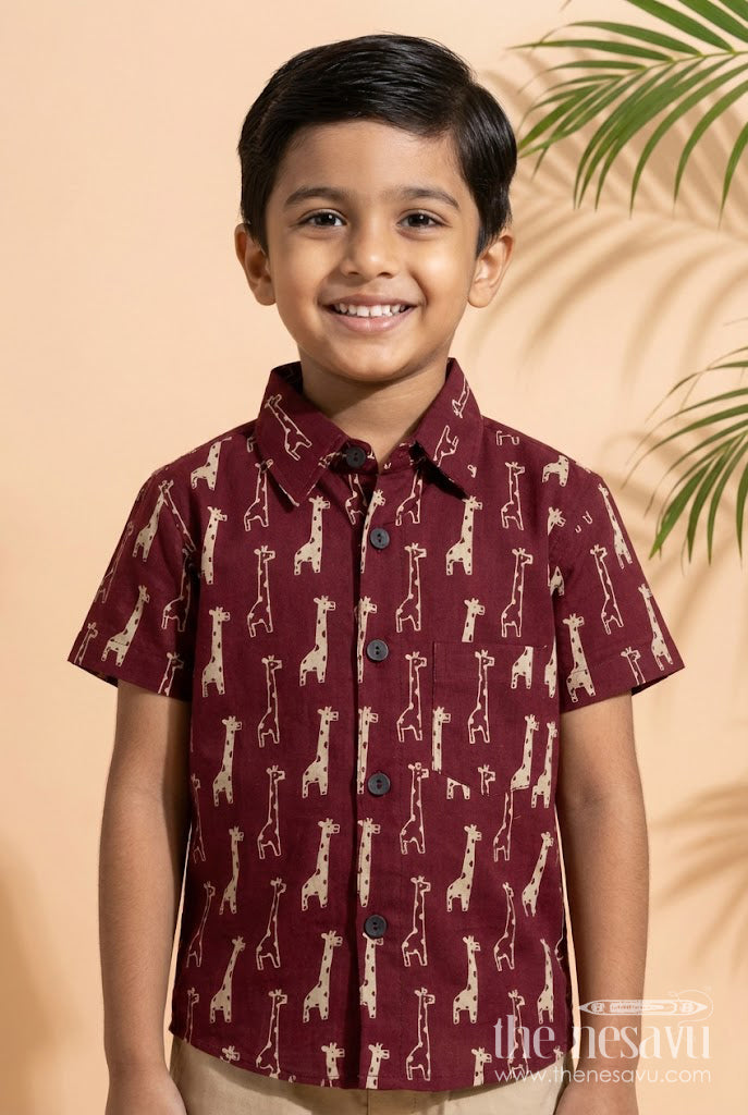 The Nesavu Boys Cotton Shirt Boys Giraffe Print Cotton Shirt for Everyday Wear and Fun Outings Nesavu 20 (3Y) / Red / Cotton BS391A-20 Nesavu boys cotton shirt with giraffe print for playful everyday dressing and fun weekends