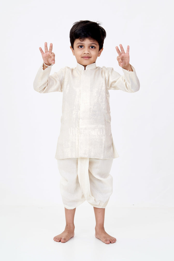 The Nesavu Boys Dothi Set Boys Gold Shimmer Tissue Inspired Dothi Set with Long Sleeve Shirt Nesavu 10 (NB) / Gold BES594E-10 Boys Gold Shimmer Tissue Dothi Set Nesavu Regal Attire Weddings Festive Occasions
