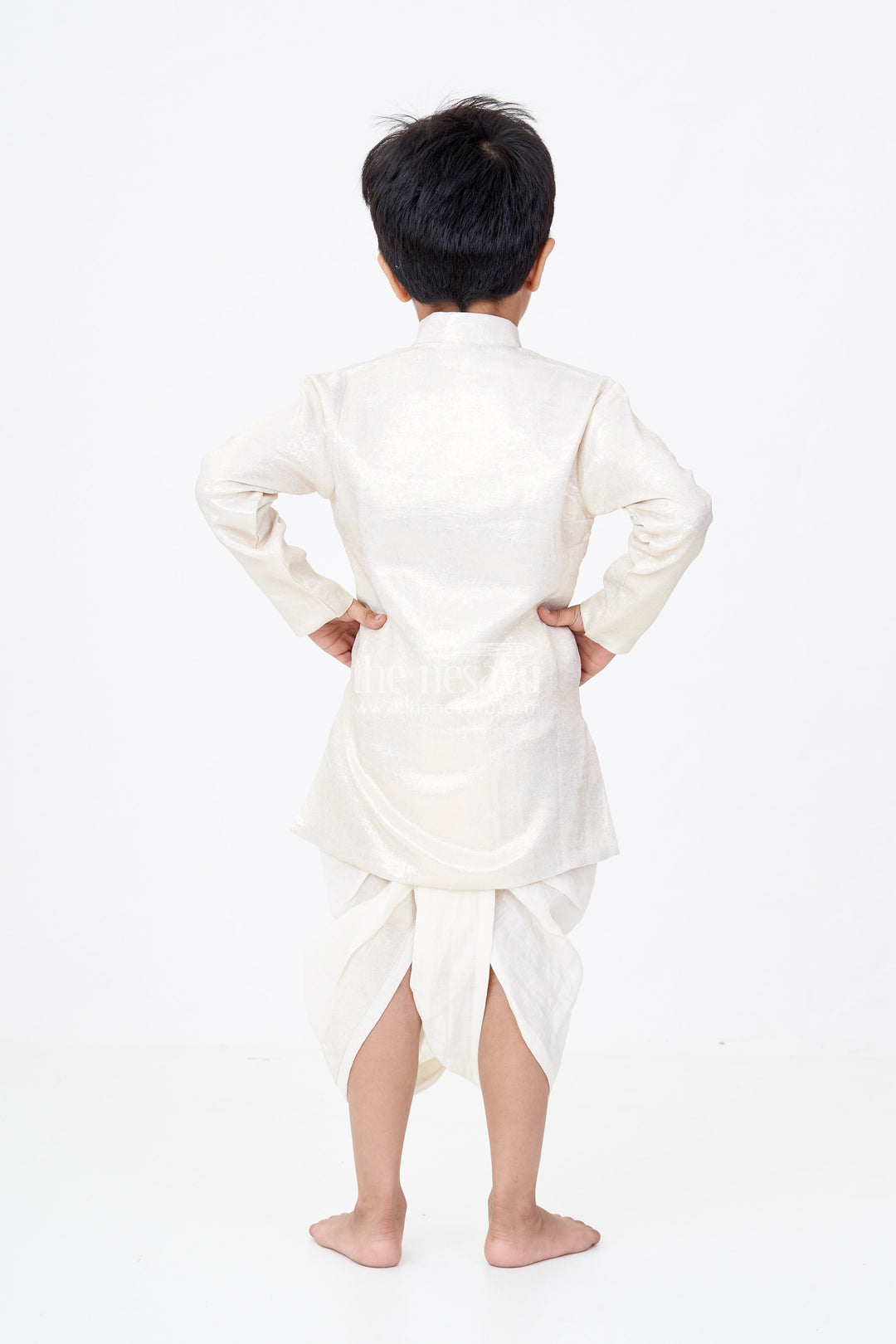 The Nesavu Boys Dothi Set Boys Gold Shimmer Tissue Inspired Dothi Set with Long Sleeve Shirt Nesavu Boys Gold Shimmer Tissue Dothi Set Nesavu Regal Attire Weddings Festive Occasions