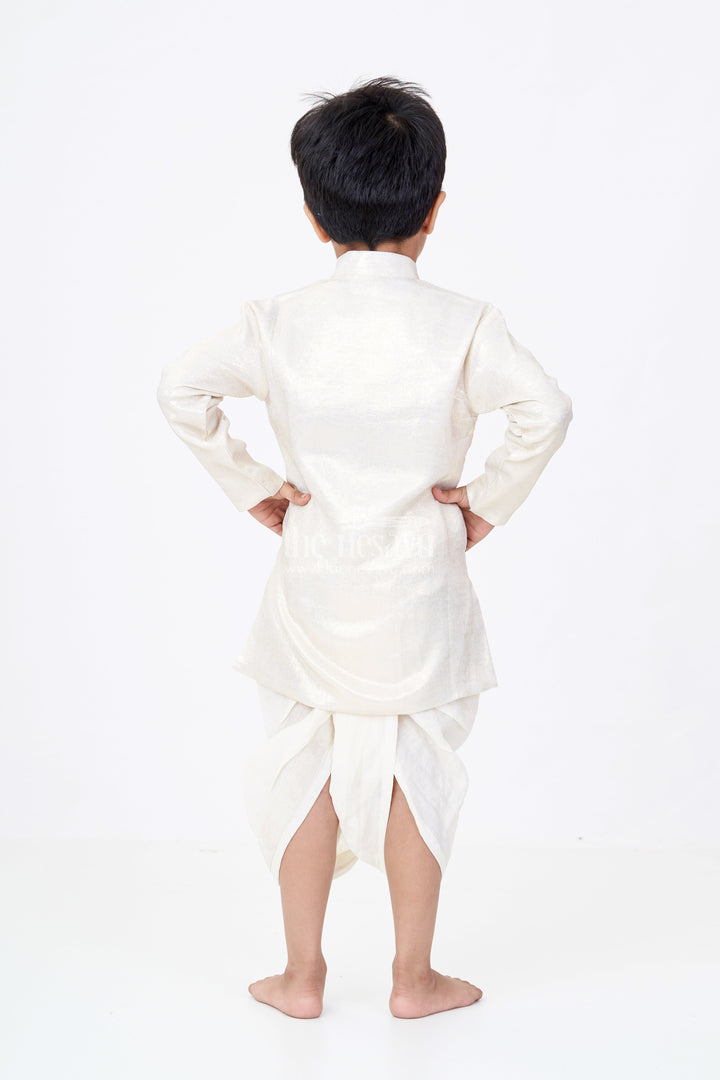 The Nesavu Boys Dothi Set Boys Gold Shimmer Tissue Inspired Dothi Set with Long Sleeve Shirt Nesavu Boys Gold Shimmer Tissue Dothi Set Nesavu Regal Attire Weddings Festive Occasions