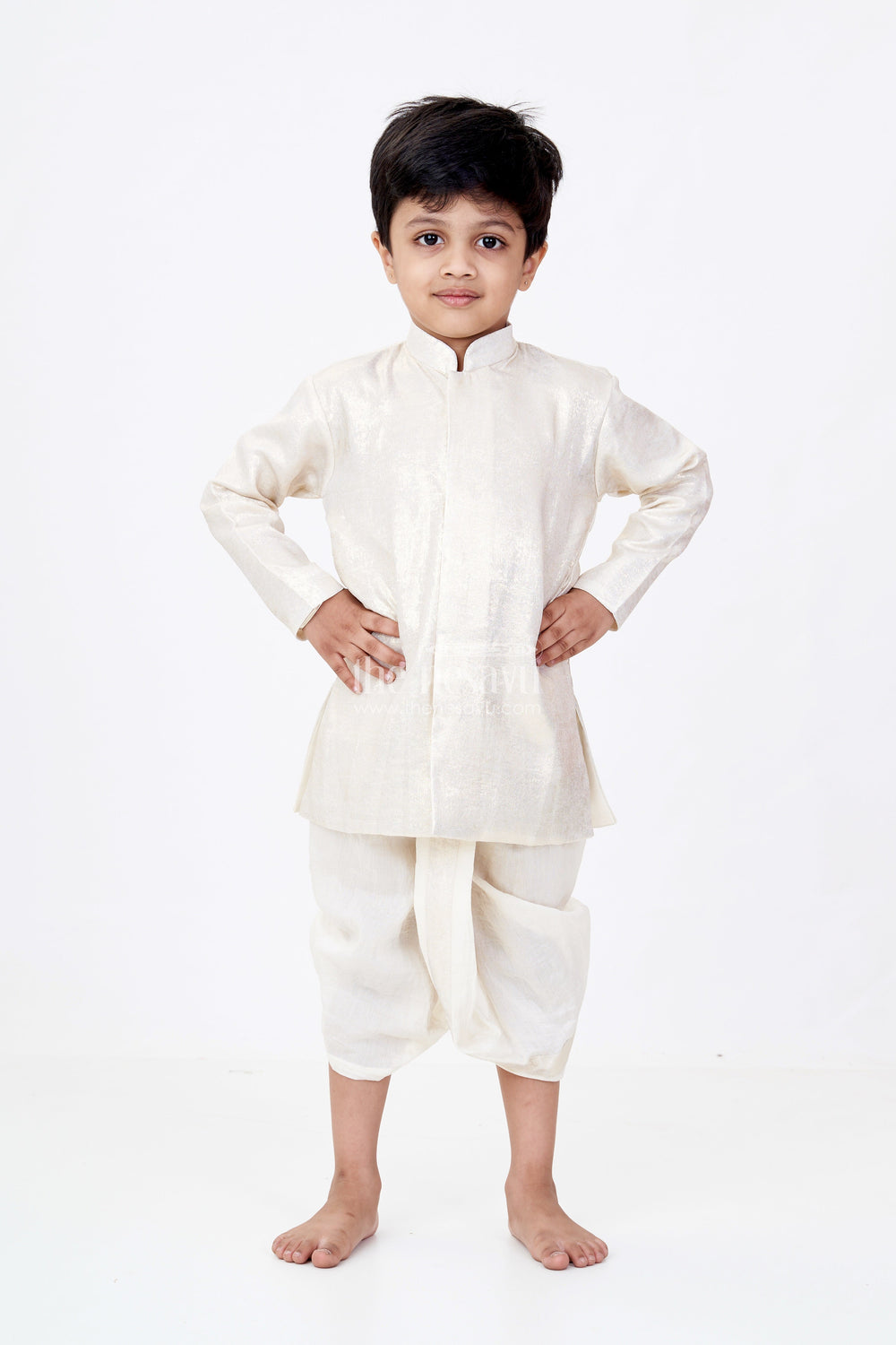 The Nesavu Boys Dothi Set Boys Gold Shimmer Tissue Inspired Dothi Set with Long Sleeve Shirt Nesavu Boys Gold Shimmer Tissue Dothi Set Nesavu Regal Attire Weddings Festive Occasions