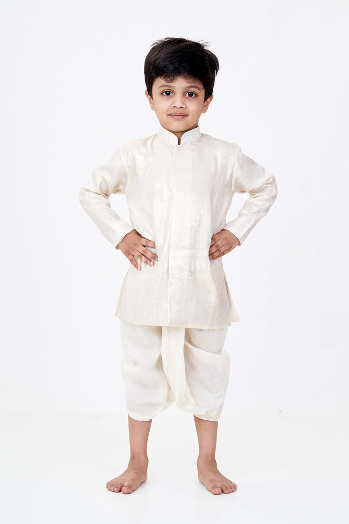The Nesavu Boys Dothi Set Boys Gold Shimmer Tissue Inspired Dothi Set with Long Sleeve Shirt Nesavu Boys Gold Shimmer Tissue Dothi Set Nesavu Regal Attire Weddings Festive Occasions