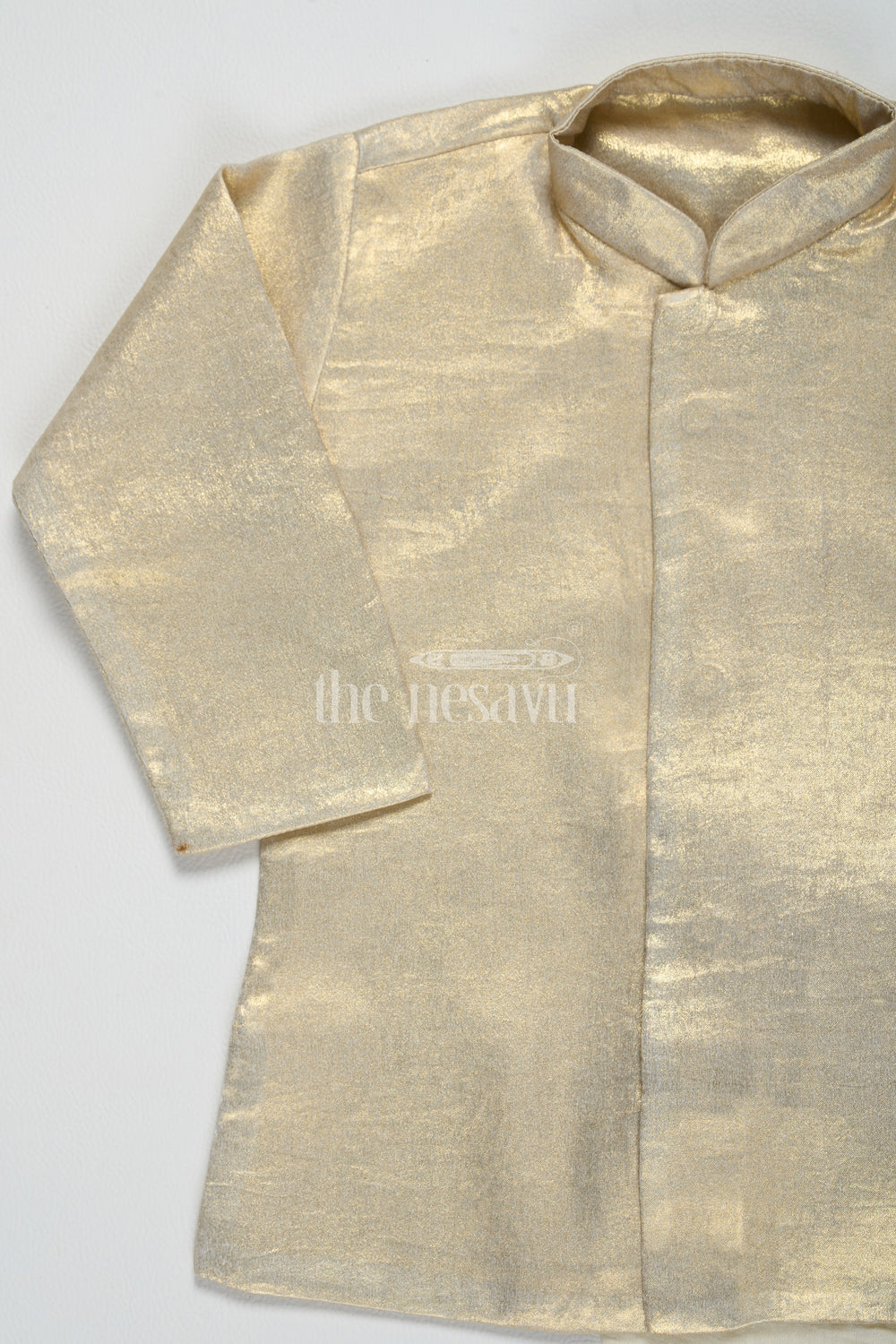 The Nesavu Boys Dothi Set Boys Gold Shimmer Tissue Inspired Dothi Set with Long Sleeve Shirt Nesavu Boys Gold Shimmer Tissue Dothi Set Nesavu Regal Attire Weddings Festive Occasions