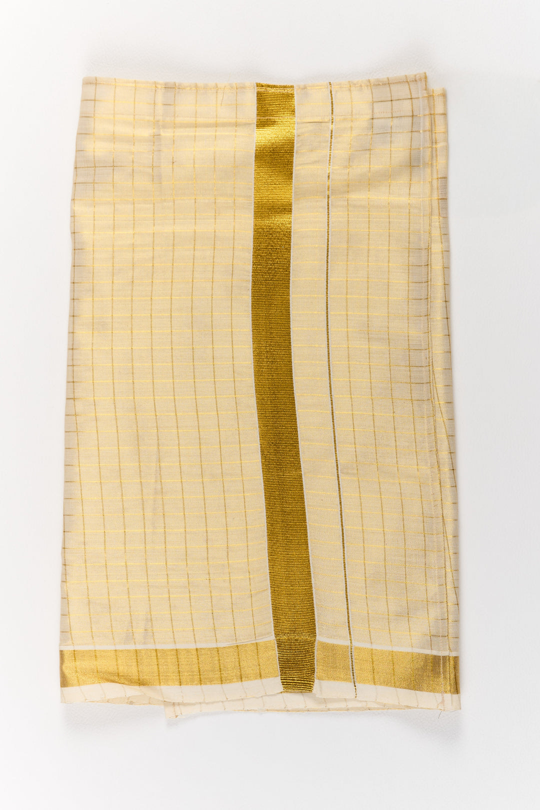 The Nesavu Boys Vesti Boys Gold Tissue Vesti with Elegant Check Design for Traditional Events Nesavu 14 (6M) / Gold D015A-14 Boys Gold Tissue Vesti Elegant Check Design Gold Border | The Nesavu