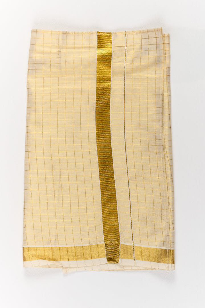 The Nesavu Boys Vesti Boys Gold Tissue Vesti with Elegant Check Design for Traditional Events Nesavu 14 (6M) / Gold D015A-14 Boys Gold Tissue Vesti Elegant Check Design Gold Border | The Nesavu