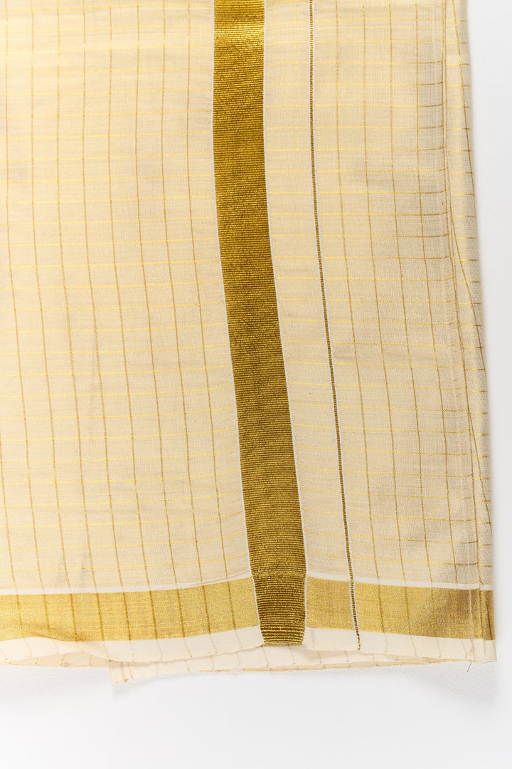 The Nesavu Boys Vesti Boys Gold Tissue Vesti with Elegant Check Design for Traditional Events Nesavu Boys Gold Tissue Vesti Elegant Check Design Gold Border | The Nesavu