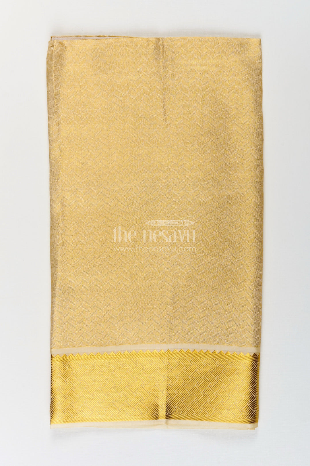 The Nesavu Boys Vesti Boys Golden Embossed Tissue Dhoti with Classic Patterned Border for Spiritual Wear in Dhoti for Puja Style Nesavu 16 (1Y) / Gold D025B-16 Boys Dhoti Puja Golden Embossed Tissue Traditional Zari Pattern Ritual Wear | The Nesavu