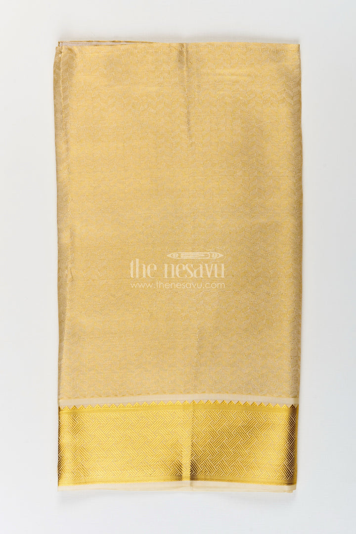 The Nesavu Boys Vesti Boys Golden Embossed Tissue Dhoti with Classic Patterned Border for Spiritual Wear in Dhoti for Puja Style Nesavu 16 (1Y) / Gold D025B-16 Boys Dhoti Puja Golden Embossed Tissue Traditional Zari Pattern Ritual Wear | The Nesavu