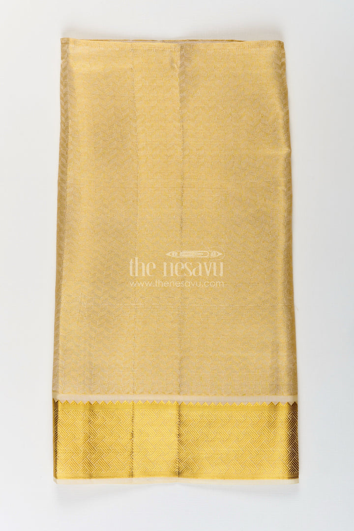 The Nesavu Boys Vesti Boys Golden Embossed Tissue Dhoti with Classic Patterned Border for Spiritual Wear in Dhoti for Puja Style Nesavu Boys Dhoti Puja Golden Embossed Tissue Traditional Zari Pattern Ritual Wear | The Nesavu
