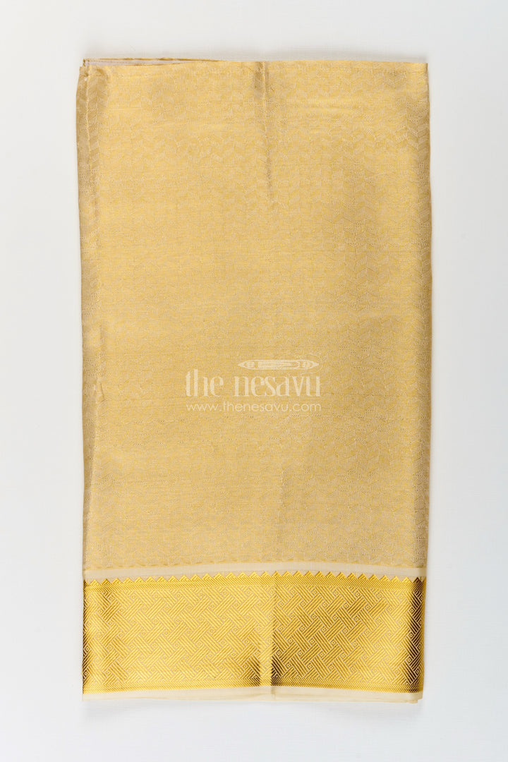 The Nesavu Boys Vesti Boys Golden Embossed Tissue Dhoti with Classic Patterned Border for Spiritual Wear in Dhoti for Puja Style Nesavu Boys Dhoti Puja Golden Embossed Tissue Traditional Zari Pattern Ritual Wear | The Nesavu