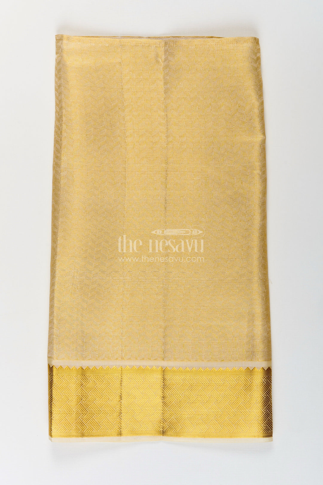 The Nesavu Boys Vesti Boys Golden Embossed Tissue Dhoti with Classic Patterned Border for Spiritual Wear in Dhoti for Puja Style Nesavu Boys Dhoti Puja Golden Embossed Tissue Traditional Zari Pattern Ritual Wear | The Nesavu