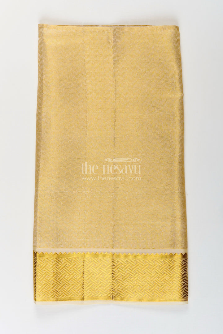 The Nesavu Boys Vesti Boys Golden Embossed Tissue Dhoti with Classic Patterned Border for Spiritual Wear in Dhoti for Puja Style Nesavu Boys Dhoti Puja Golden Embossed Tissue Traditional Zari Pattern Ritual Wear | The Nesavu