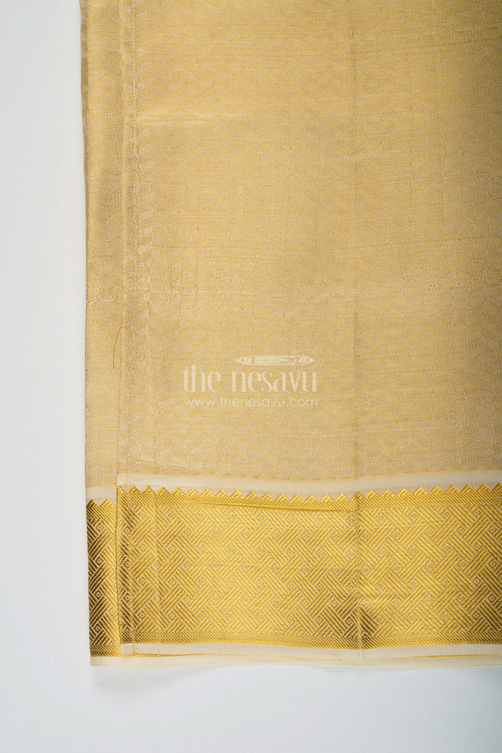 The Nesavu Boys Vesti Boys Golden Embossed Tissue Dhoti with Classic Patterned Border for Spiritual Wear in Dhoti for Puja Style Nesavu Boys Dhoti Puja Golden Embossed Tissue Traditional Zari Pattern Ritual Wear | The Nesavu