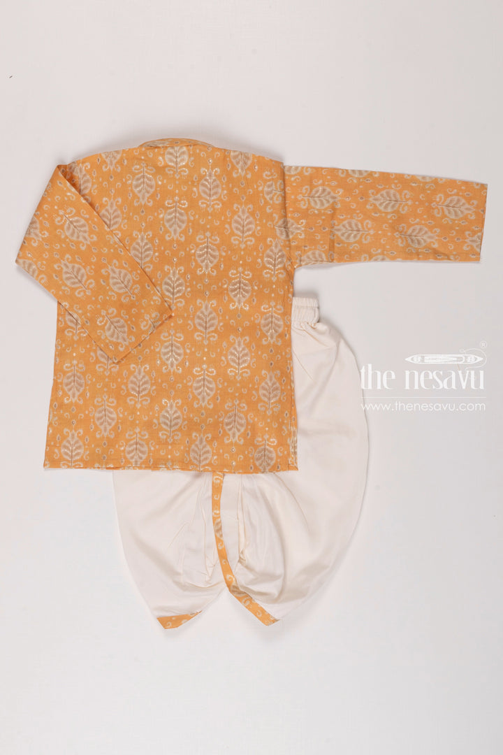 The Nesavu Boys Dothi Set Boys Goldenrod Leaf Print Kurta with White Dhoti Set Nesavu Boys Festive Goldenrod Kurta White Dhoti Set | Traditional Celebratory Attire | The Nesavu