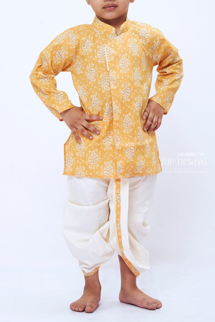 The Nesavu Boys Dothi Set Boys Goldenrod Leaf Print Kurta with White Dhoti Set Nesavu Boys Festive Goldenrod Kurta White Dhoti Set | Traditional Celebratory Attire | The Nesavu