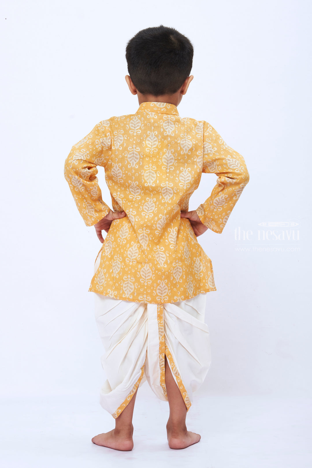 The Nesavu Boys Dothi Set Boys Goldenrod Leaf Print Kurta with White Dhoti Set Nesavu Boys Festive Goldenrod Kurta White Dhoti Set | Traditional Celebratory Attire | The Nesavu