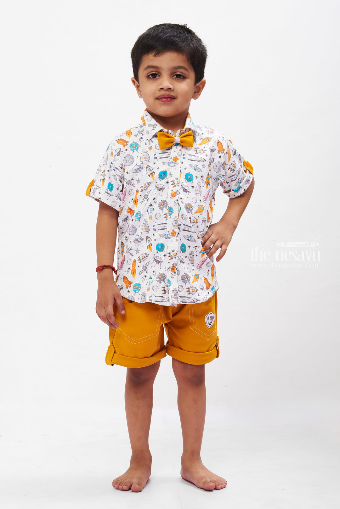 The Nesavu Boys Casual Set Boys Graphic Shirt and Mustard Shorts Set - Trendy & Comfortable Nesavu 12 (3M) / Yellow BCS001B-12 Boys Space Themed Shirt & Mustard Shorts Combo | Casual Kids Fashion | The Nesavu