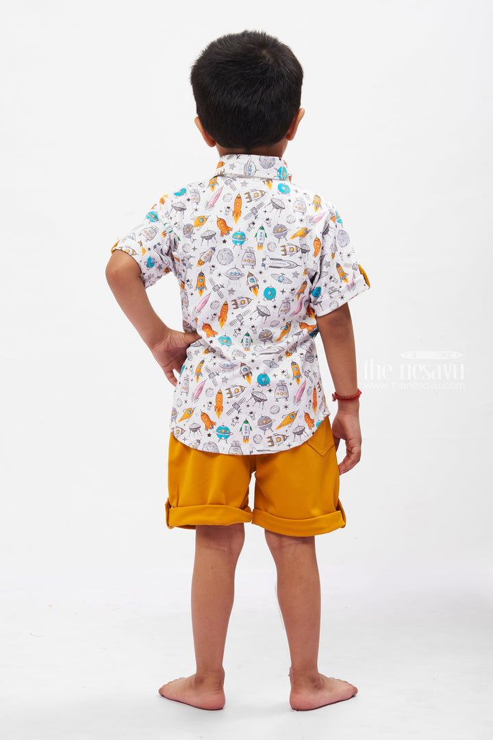 The Nesavu Boys Casual Set Boys Graphic Shirt and Mustard Shorts Set - Trendy & Comfortable Nesavu Boys Space Themed Shirt & Mustard Shorts Combo | Casual Kids Fashion | The Nesavu