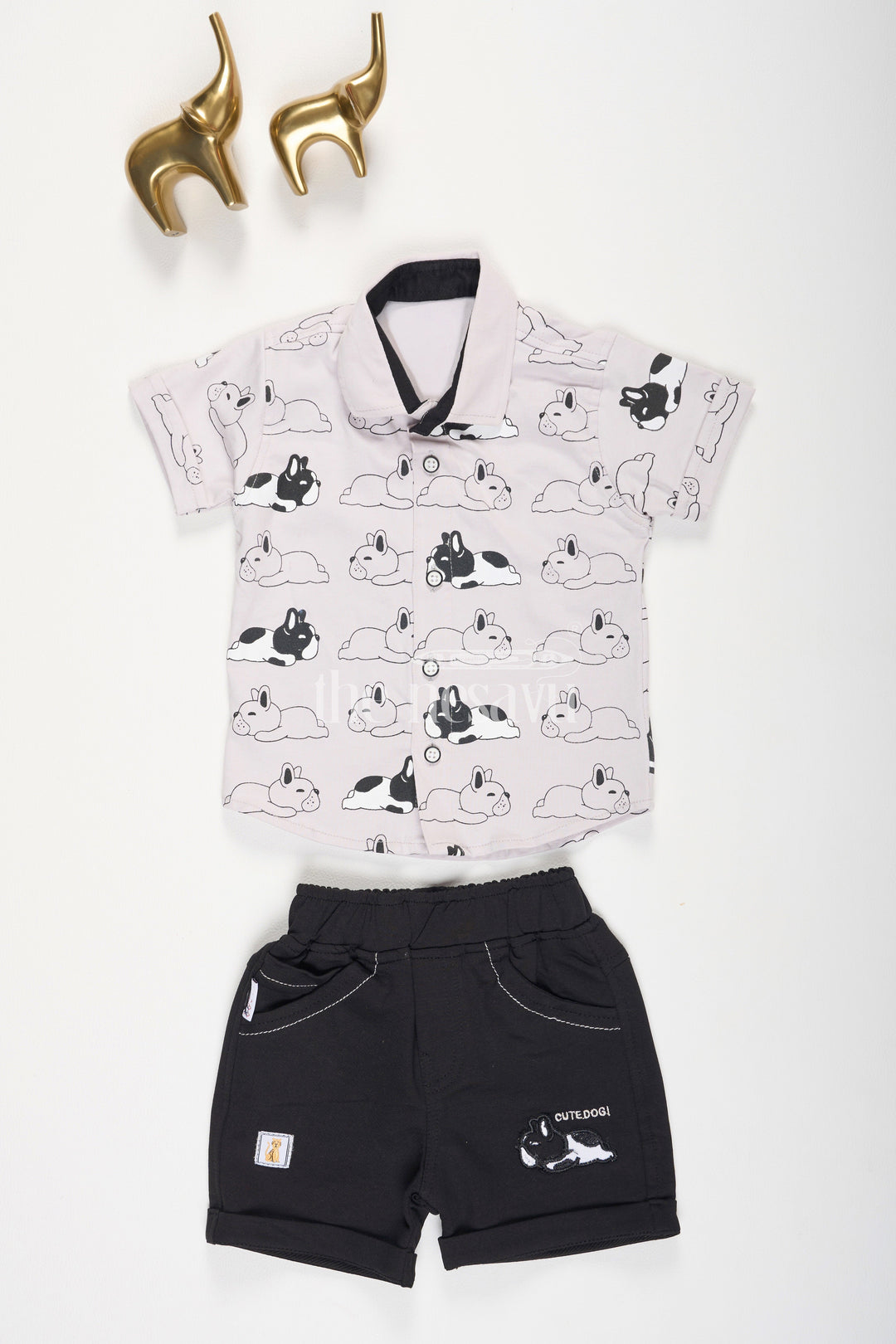 The Nesavu Boys Casual Set Boys Gray Collar Shirt with Dog Print and Black Cotton Shorts Set Nesavu 14 (6M) / Gray BCS120A-14 Boys Gray Collar Shirt with Dog Print and Black Cotton Shorts Set Nesavu