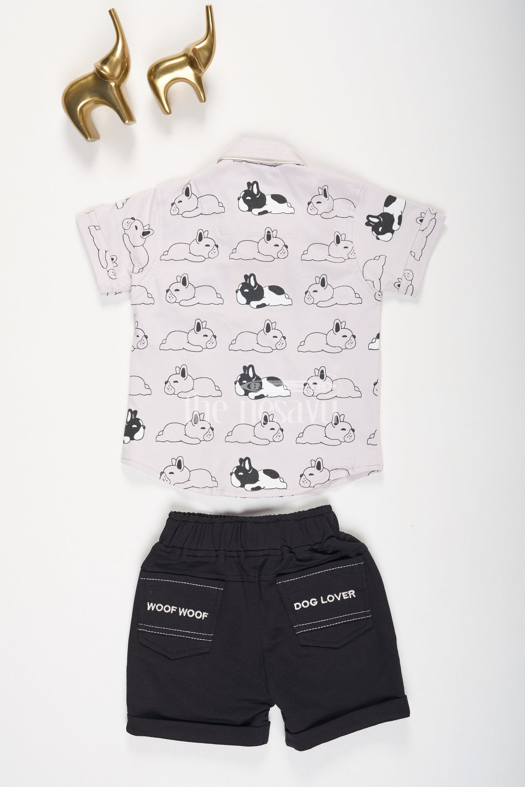 The Nesavu Boys Casual Set Boys Gray Collar Shirt with Dog Print and Black Cotton Shorts Set Nesavu Boys Gray Collar Shirt with Dog Print and Black Cotton Shorts Set Nesavu