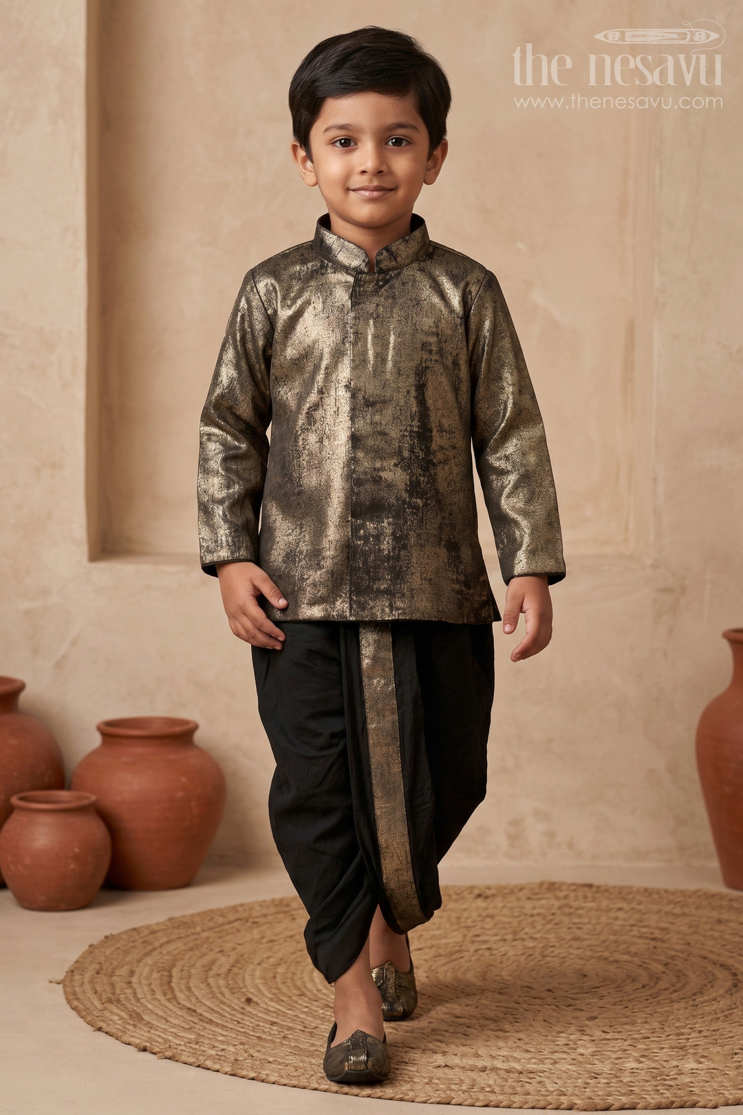 The Nesavu Boys Dothi Set Boys Gray Shimmer Tissue Inspired Dothi Set with Long Sleeve Shirt Nesavu 10 (NB) / Gray BES594D-10 Boys Gray Shimmer Tissue Dothi Set Nesavu Luxurious Traditional Attire Weddings Festive Events