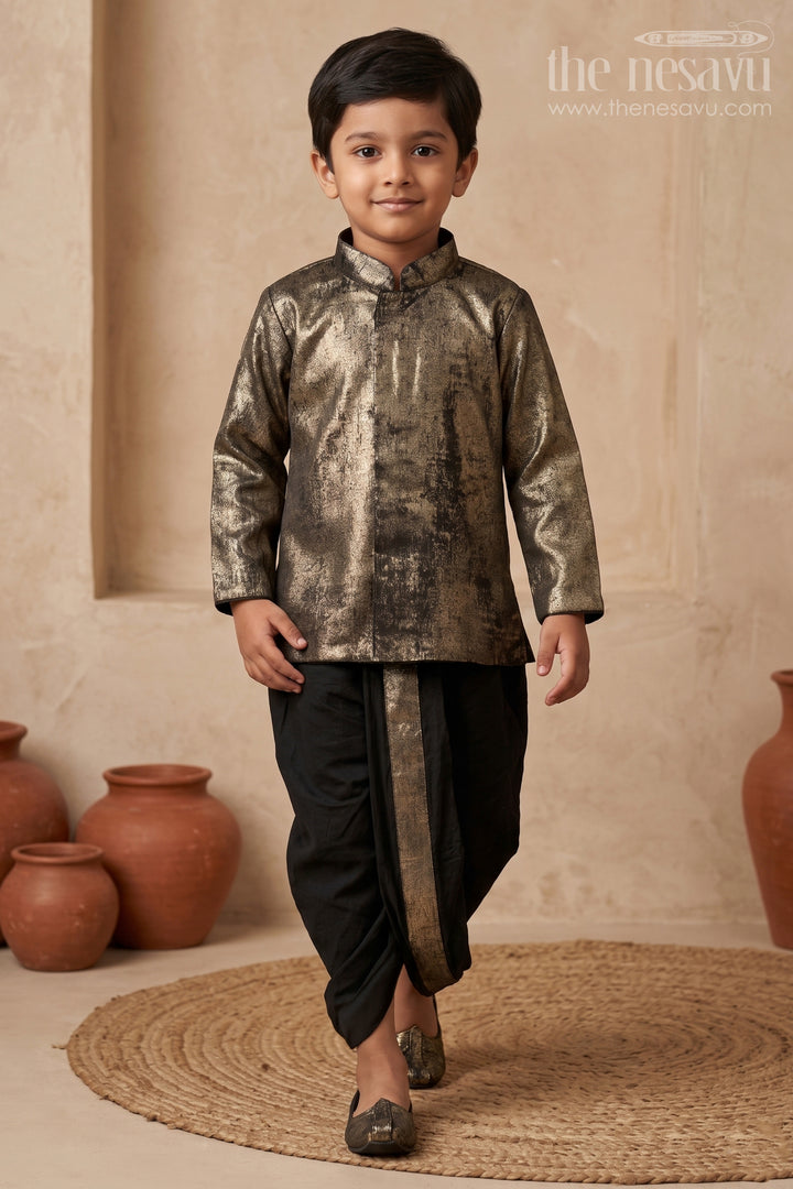 The Nesavu Boys Dothi Set Boys Gray Shimmer Tissue Inspired Dothi Set with Long Sleeve Shirt Nesavu 10 (NB) / Gray BES594D-10 Boys Gray Shimmer Tissue Dothi Set Nesavu Luxurious Traditional Attire Weddings Festive Events