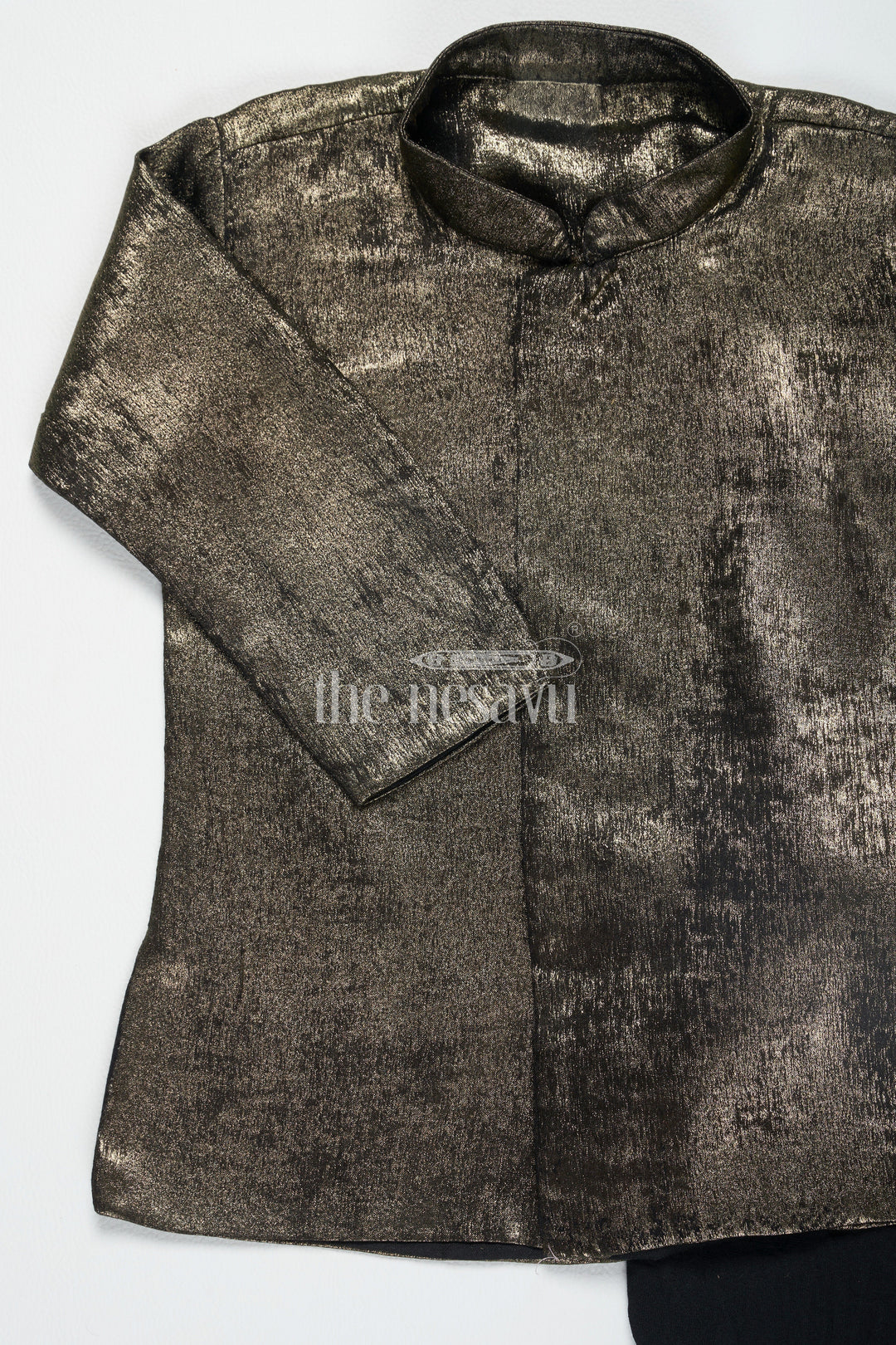 The Nesavu Boys Dothi Set Boys Gray Shimmer Tissue Inspired Dothi Set with Long Sleeve Shirt Nesavu Boys Gray Shimmer Tissue Dothi Set Nesavu Luxurious Traditional Attire Weddings Festive Events