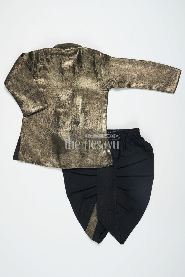 The Nesavu Boys Dothi Set Boys Gray Shimmer Tissue Inspired Dothi Set with Long Sleeve Shirt Nesavu Boys Gray Shimmer Tissue Dothi Set Nesavu Luxurious Traditional Attire Weddings Festive Events