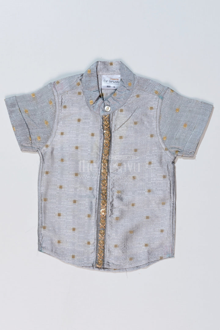 The Nesavu Boys Silk Shirt Boys Gray Silk Shirt with Embroidered Front Panel and Short Sleeves for Traditional and Festive Wear Nesavu 16 (1Y) / Gray BS238A-16 Boys Gray Silk Shirt Embroidered Panel Mandarin Collar Festive Wear | The Nesavu