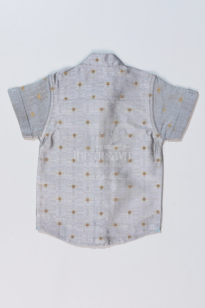 The Nesavu Boys Silk Shirt Boys Gray Silk Shirt with Embroidered Front Panel and Short Sleeves for Traditional and Festive Wear Nesavu Boys Gray Silk Shirt Embroidered Panel Mandarin Collar Festive Wear | The Nesavu