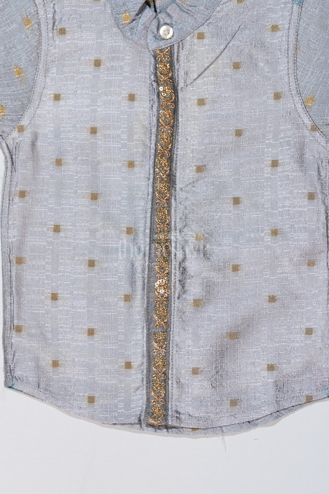 The Nesavu Boys Silk Shirt Boys Gray Silk Shirt with Embroidered Front Panel and Short Sleeves for Traditional and Festive Wear Nesavu Boys Gray Silk Shirt Embroidered Panel Mandarin Collar Festive Wear | The Nesavu