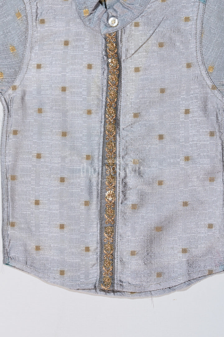 The Nesavu Boys Silk Shirt Boys Gray Silk Shirt with Embroidered Front Panel and Short Sleeves for Traditional and Festive Wear Nesavu Boys Gray Silk Shirt Embroidered Panel Mandarin Collar Festive Wear | The Nesavu