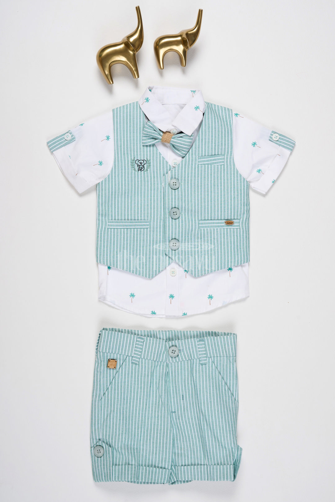 The Nesavu Boys Casual Set Boys Green and White Striped Vest Set with Bow Tie and Shorts Nesavu 14 (6M) / Green BCS076C-14 Nesavu Boys Green White Striped Vest Set Printed Shirt Bow Tie Semi-Formal Occasions