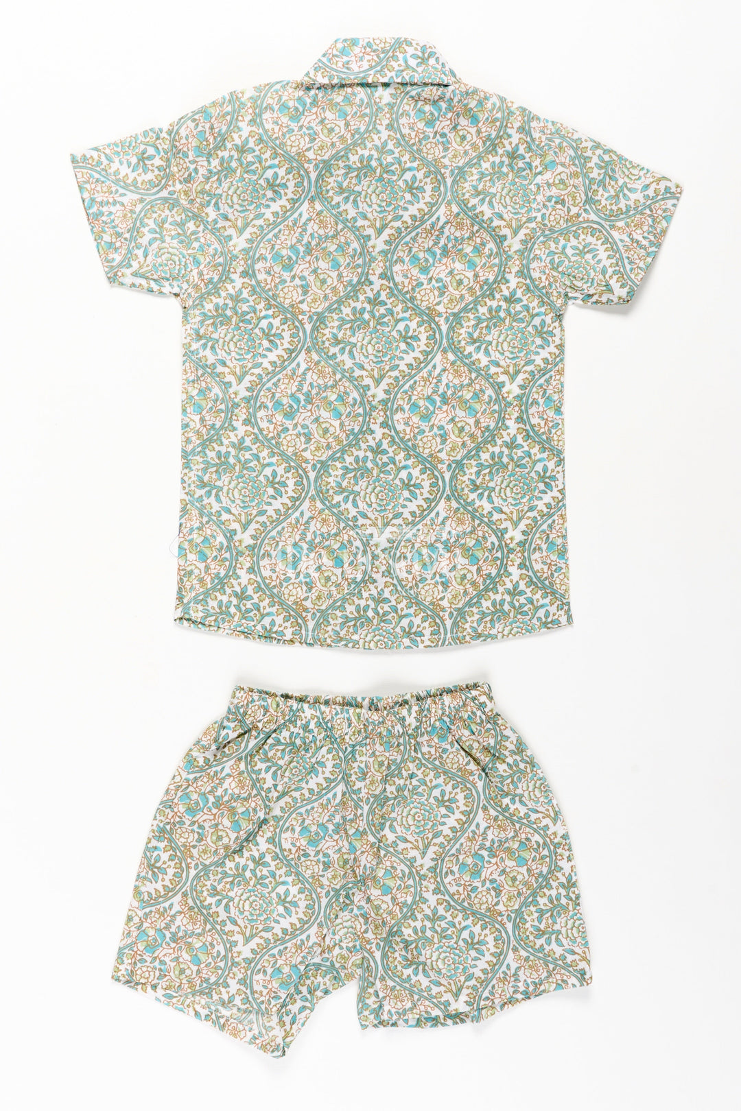 The Nesavu Boys Casual Set Boys Green Casual Shirts Set in Cotton with Floral Block Print Inspired Pattern Nesavu Nesavu Boys Green Casual Shirts Cotton Set Floral Block Print Pattern Matching Shorts