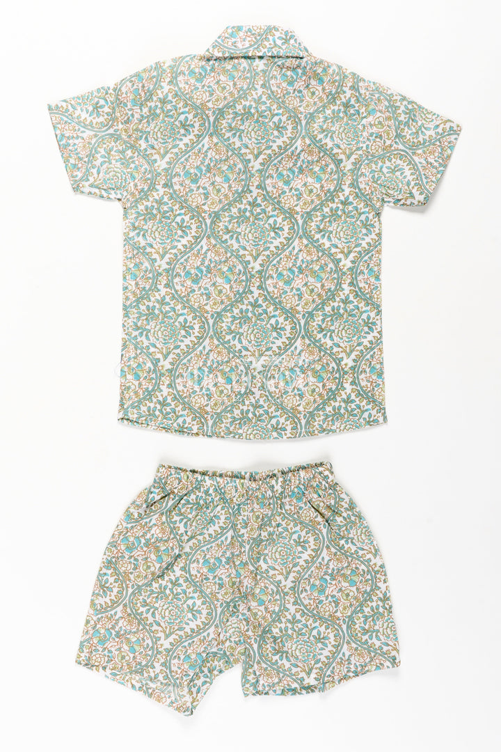 The Nesavu Boys Casual Set Boys Green Casual Shirts Set in Cotton with Floral Block Print Inspired Pattern Nesavu Nesavu Boys Green Casual Shirts Cotton Set Floral Block Print Pattern Matching Shorts