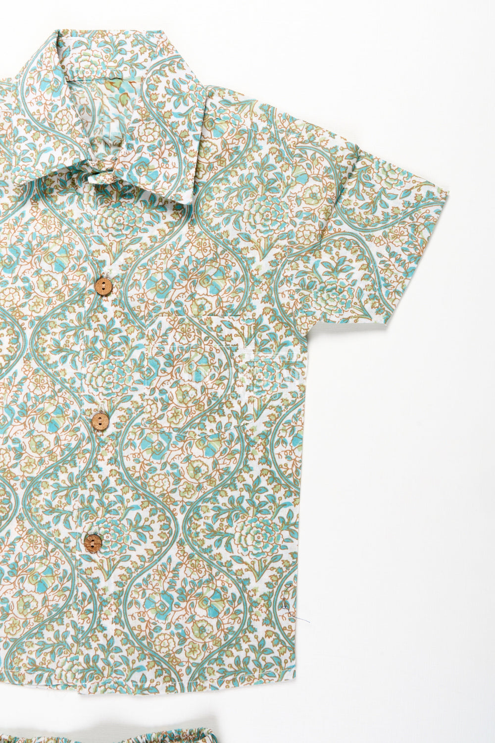 The Nesavu Boys Casual Set Boys Green Casual Shirts Set in Cotton with Floral Block Print Inspired Pattern Nesavu Nesavu Boys Green Casual Shirts Cotton Set Floral Block Print Pattern Matching Shorts