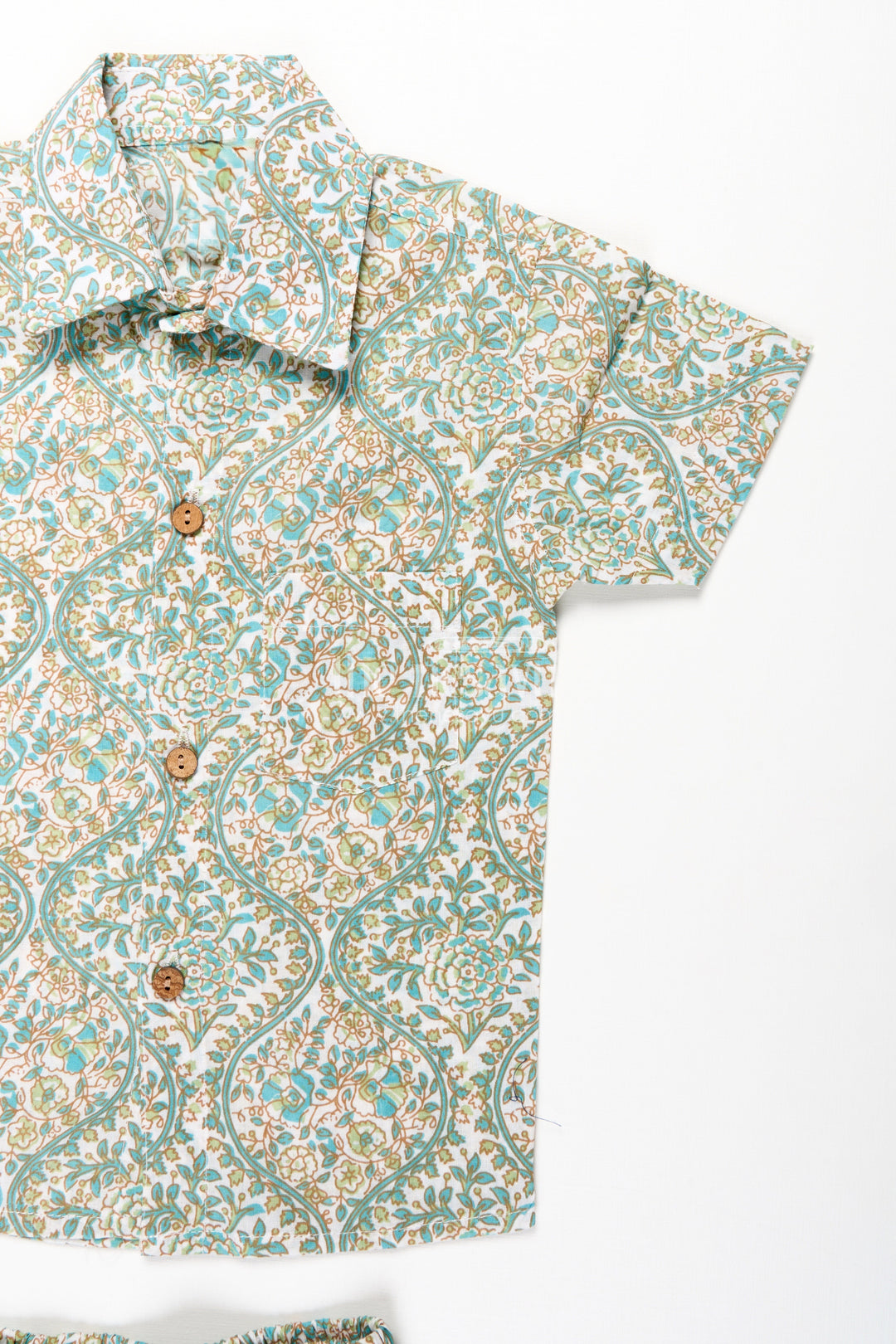 The Nesavu Boys Casual Set Boys Green Casual Shirts Set in Cotton with Floral Block Print Inspired Pattern Nesavu Nesavu Boys Green Casual Shirts Cotton Set Floral Block Print Pattern Matching Shorts