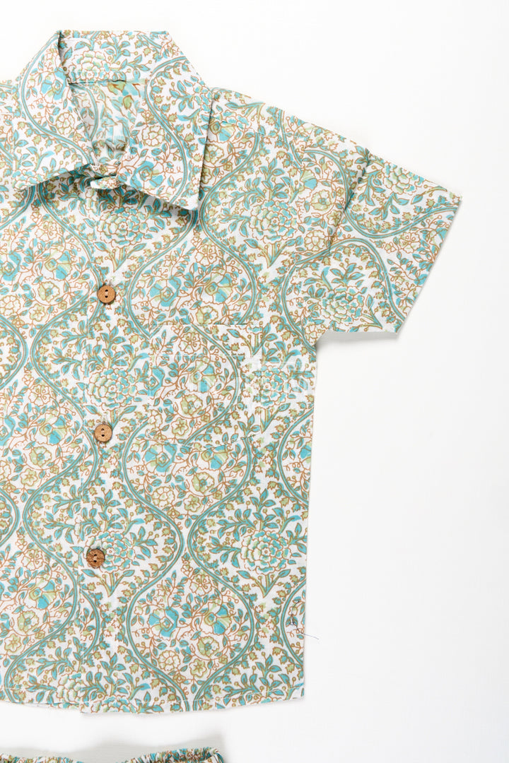 The Nesavu Boys Casual Set Boys Green Casual Shirts Set in Cotton with Floral Block Print Inspired Pattern Nesavu Nesavu Boys Green Casual Shirts Cotton Set Floral Block Print Pattern Matching Shorts