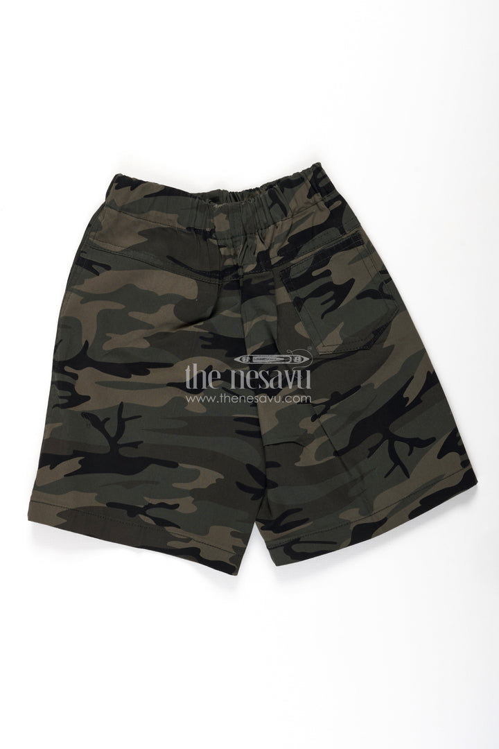 The Nesavu Boys Shorts Boys Green Cotton Army Shorts with Camouflage Digital Print and Soft Waistband for Rugged Comfort Nesavu Nesavu Boys Cotton Army Shorts Camouflage Print Comfortable Fit Active Outdoor Wear